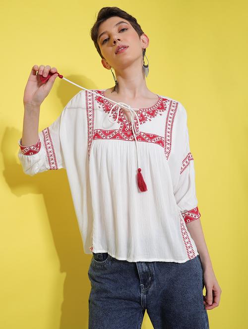 women embroidered three quarter sleeve ethnic top - 21873331 -  Standard Image - 0