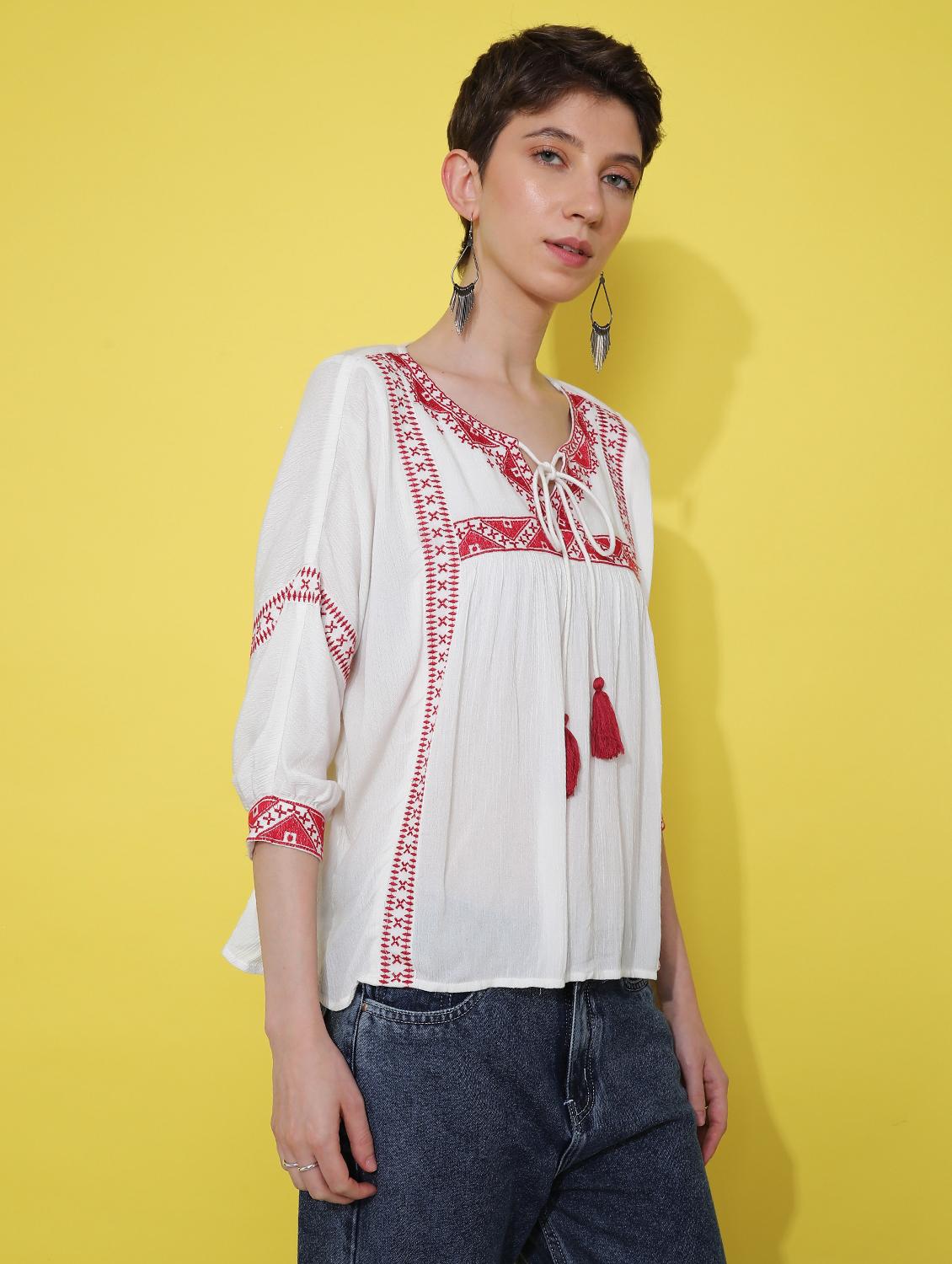 women embroidered three quarter sleeve ethnic top - 21873331 - Standard Image - 3