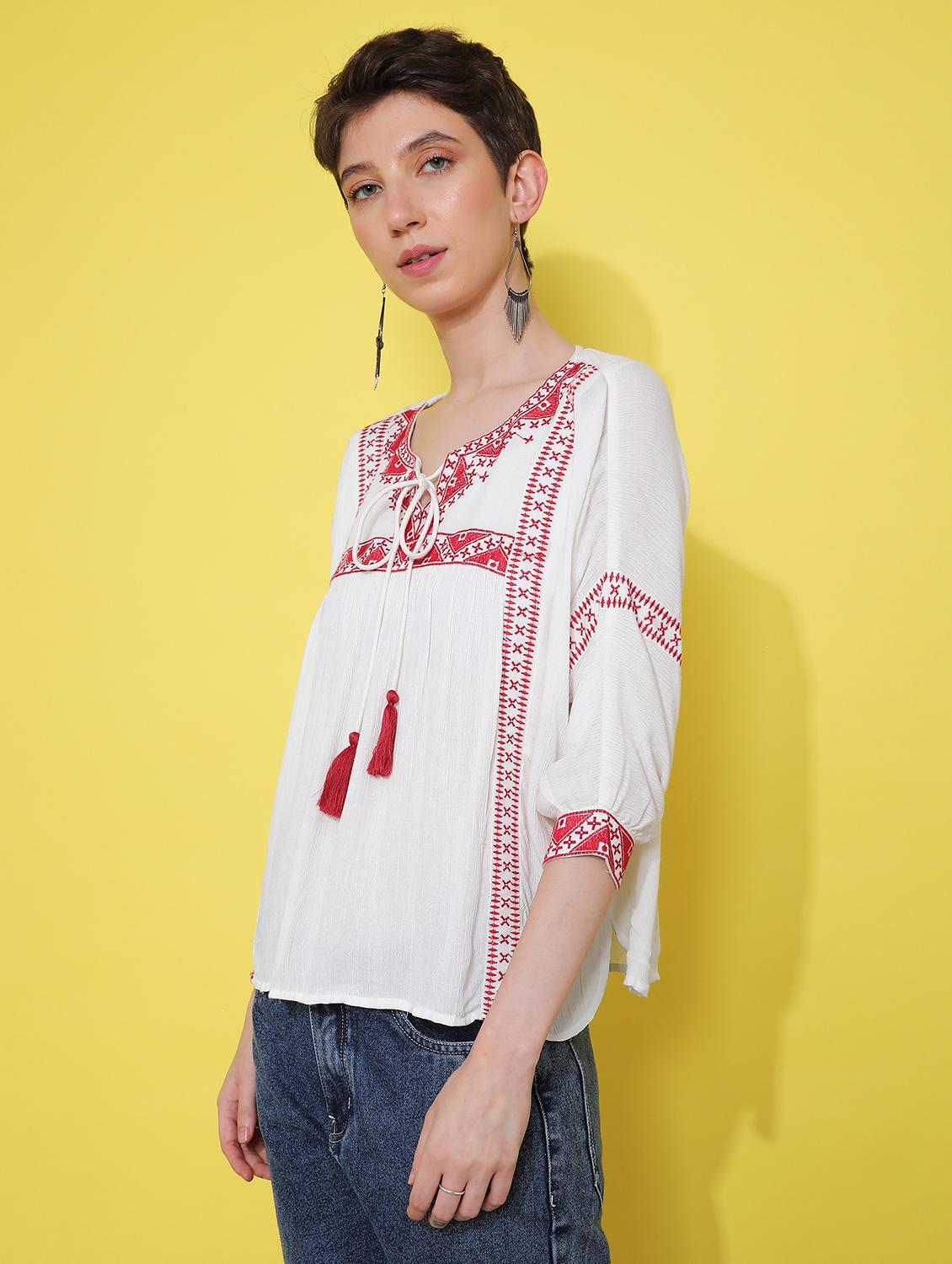 women embroidered three quarter sleeve ethnic top - 21873331 - Standard Image - 5