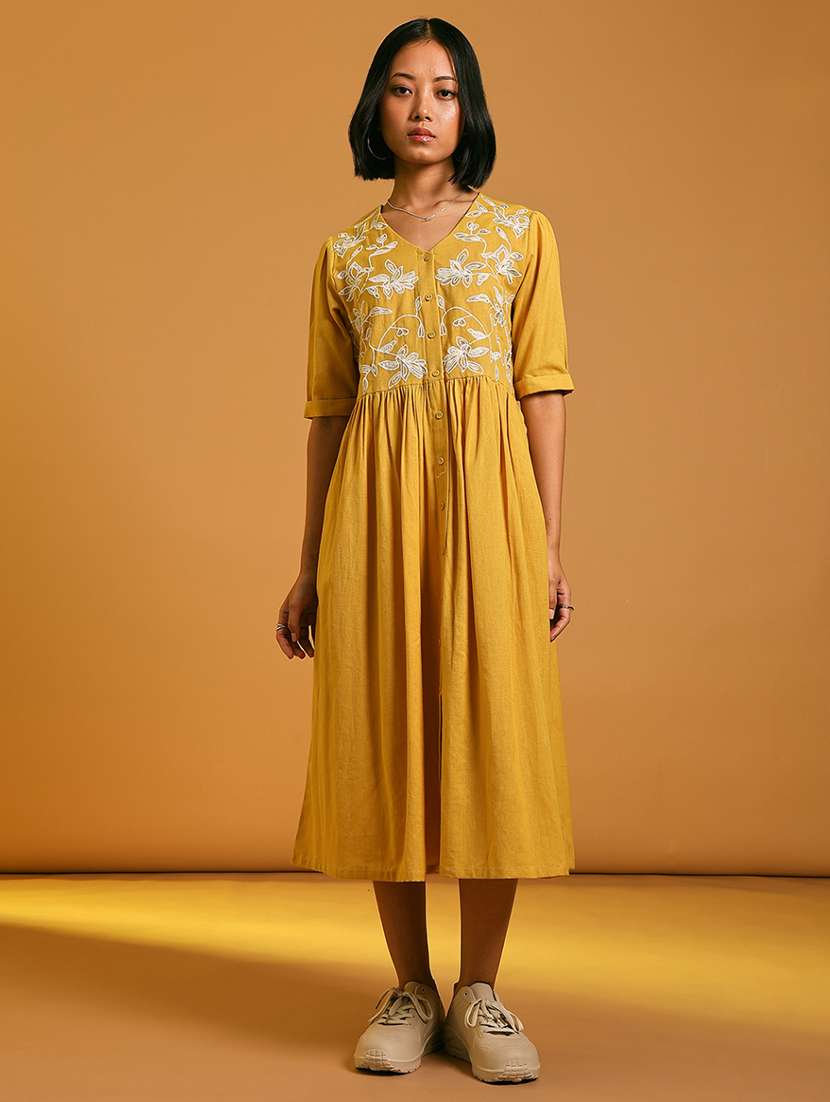 Women Embroidered Elbow Sleeve A Line Ethnic Dress