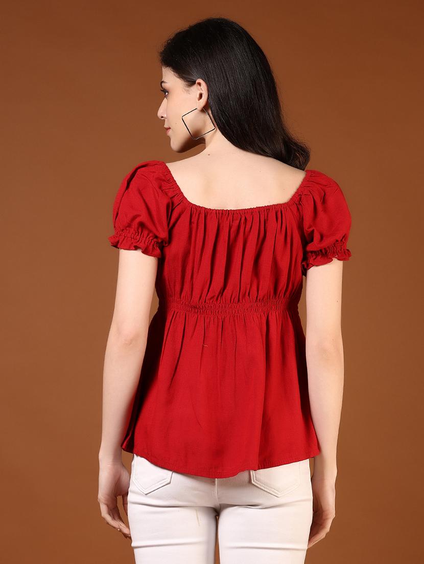 women red solid puff sleeve top - 21873710 - Standard Image - 3