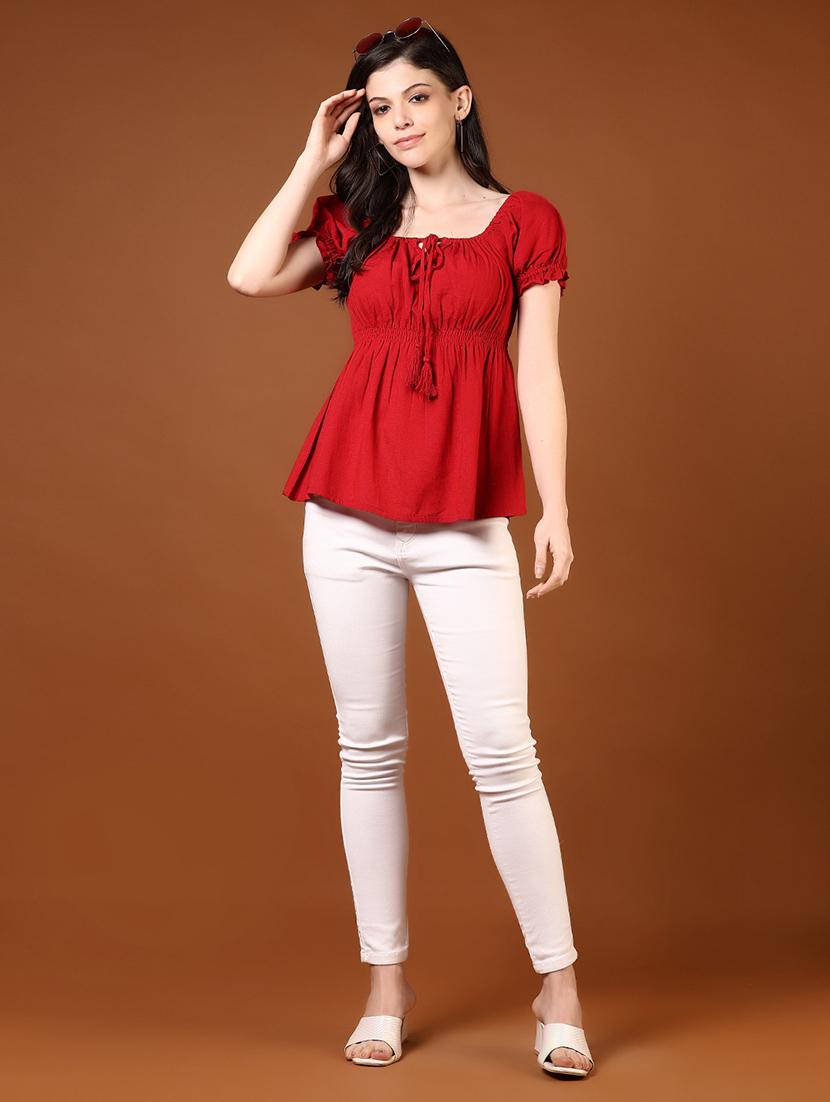 women red solid puff sleeve top - 21873710 - Standard Image - 5