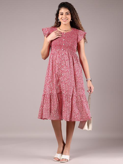 woomen pink printed round neck tiered dress - 21873727 - Standard Image - 0