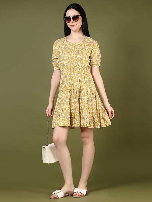 women yellow printed puff sleeve tiered dress - 21873782 - Standard Image - 0