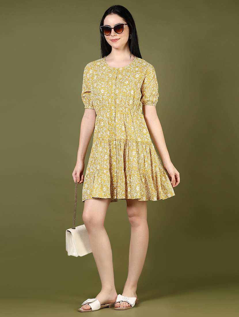 women yellow printed puff sleeve tiered dress - 21873782 - Zoom Image - 0