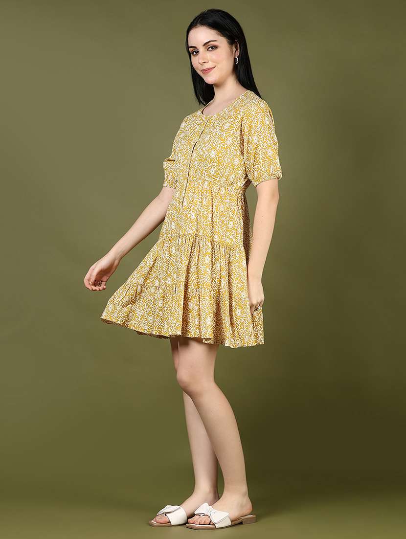 women yellow printed puff sleeve tiered dress - 21873782 - Standard Image - 3