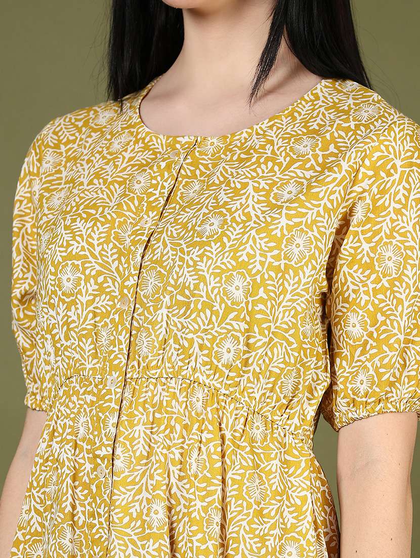 women yellow printed puff sleeve tiered dress - 21873782 - Standard Image - 5
