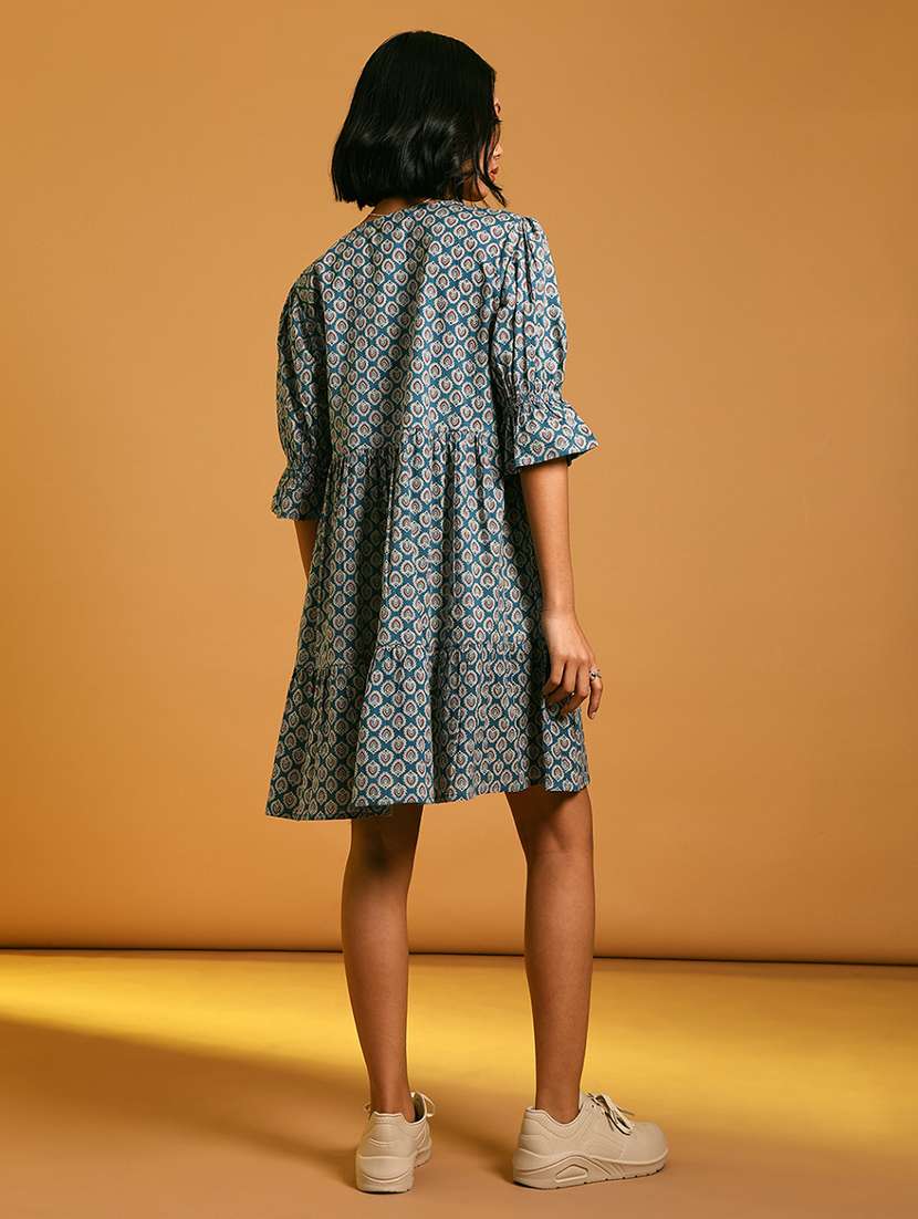 women printed v neck tiered dress - 21873785 - Standard Image - 3
