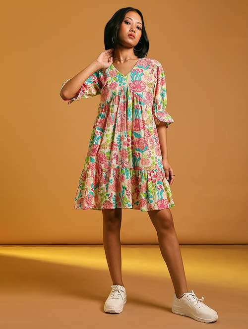 women floral printed v neck tiered dress - 21873786 - Standard Image - 0