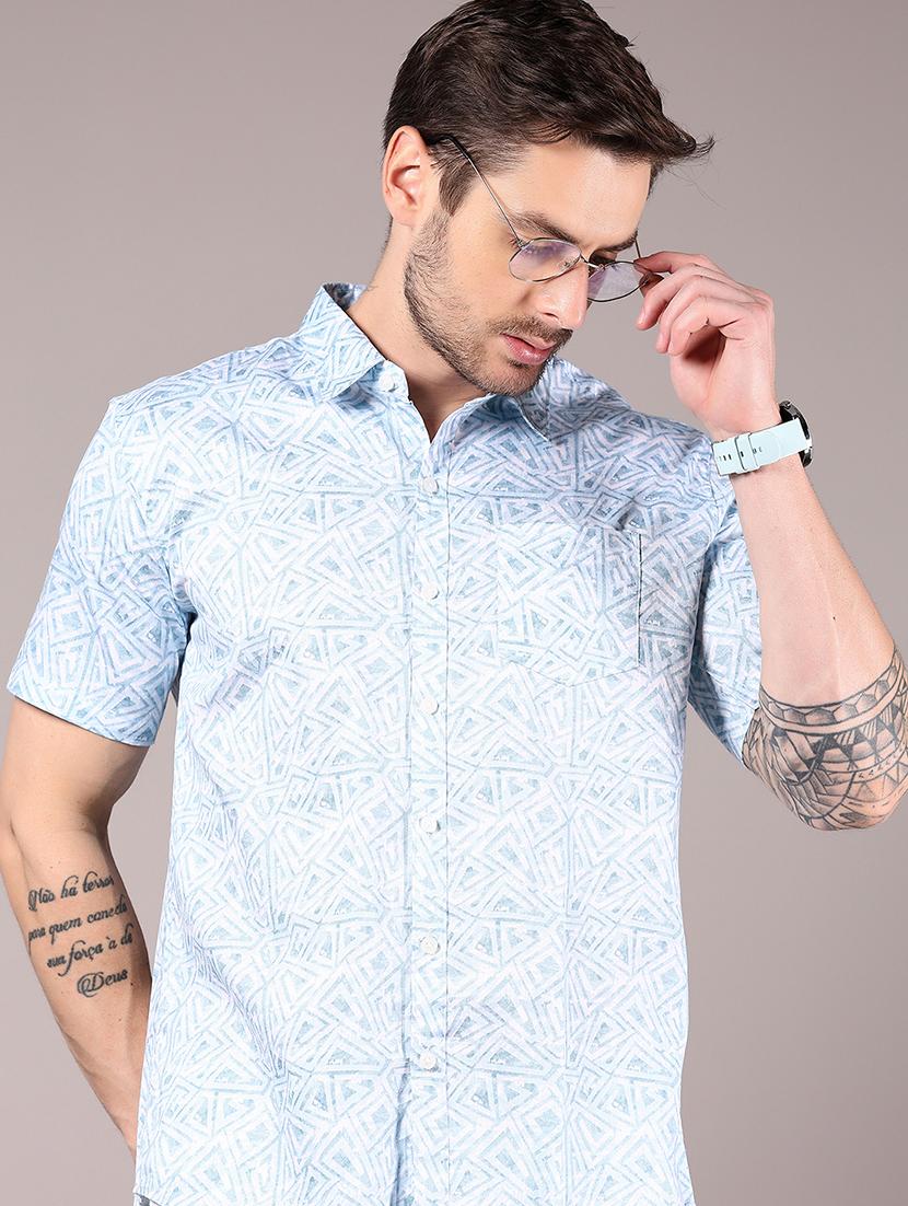men printed collaerd short sleeve shirt