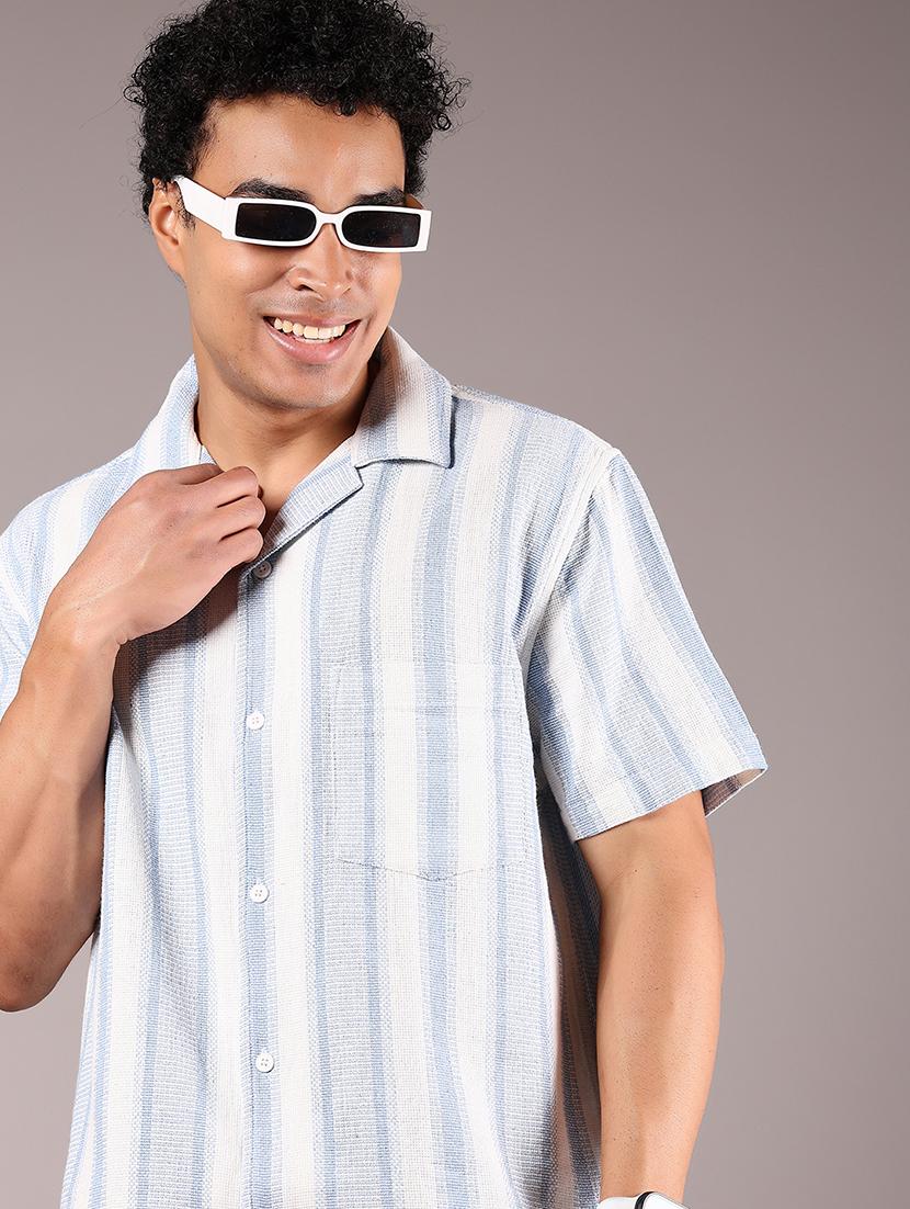 men striped cuban collaerd short sleeve shirt