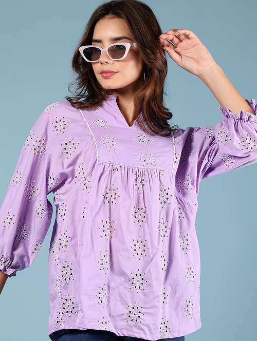 women lavender three quarter sleeve top - 21873828 -  Standard Image - 0