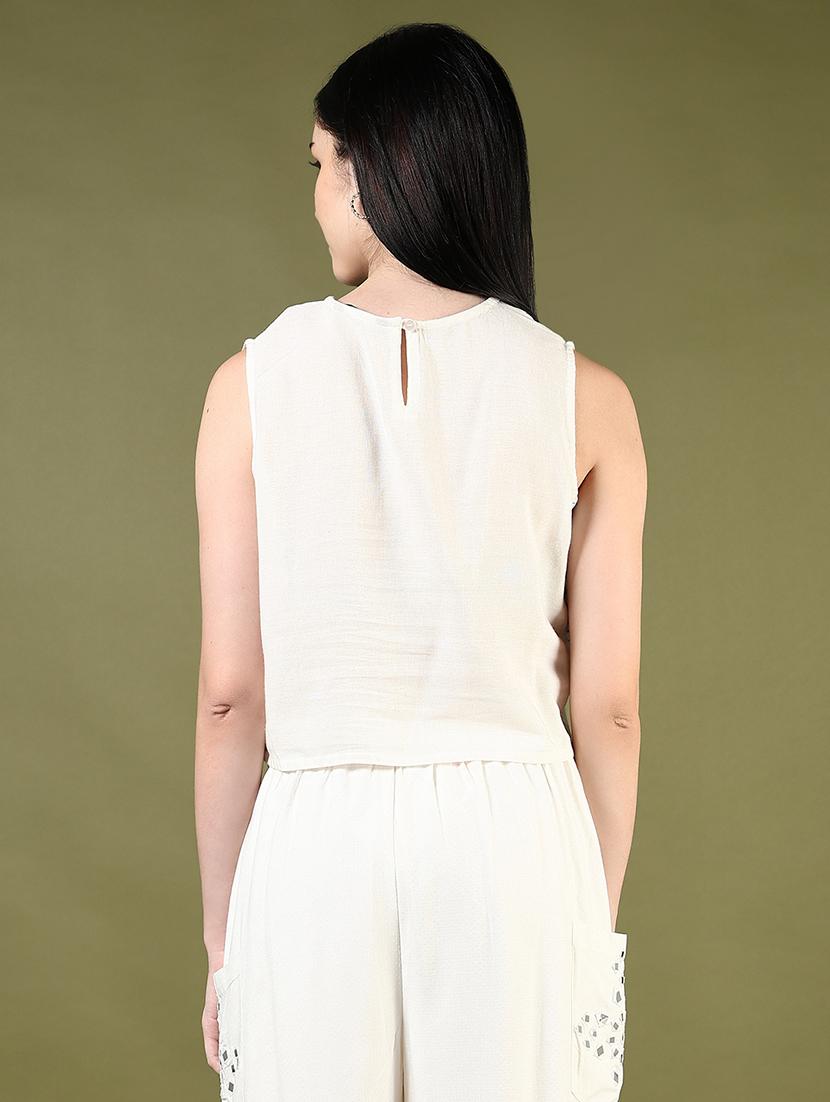women cream embroidered sleeveless crop top - 21873846 - Standard Image - 3