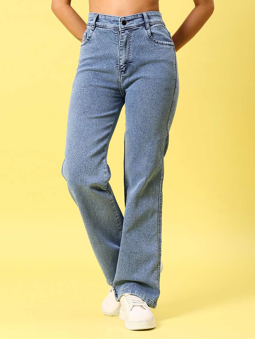 women solid high rise baggy jean