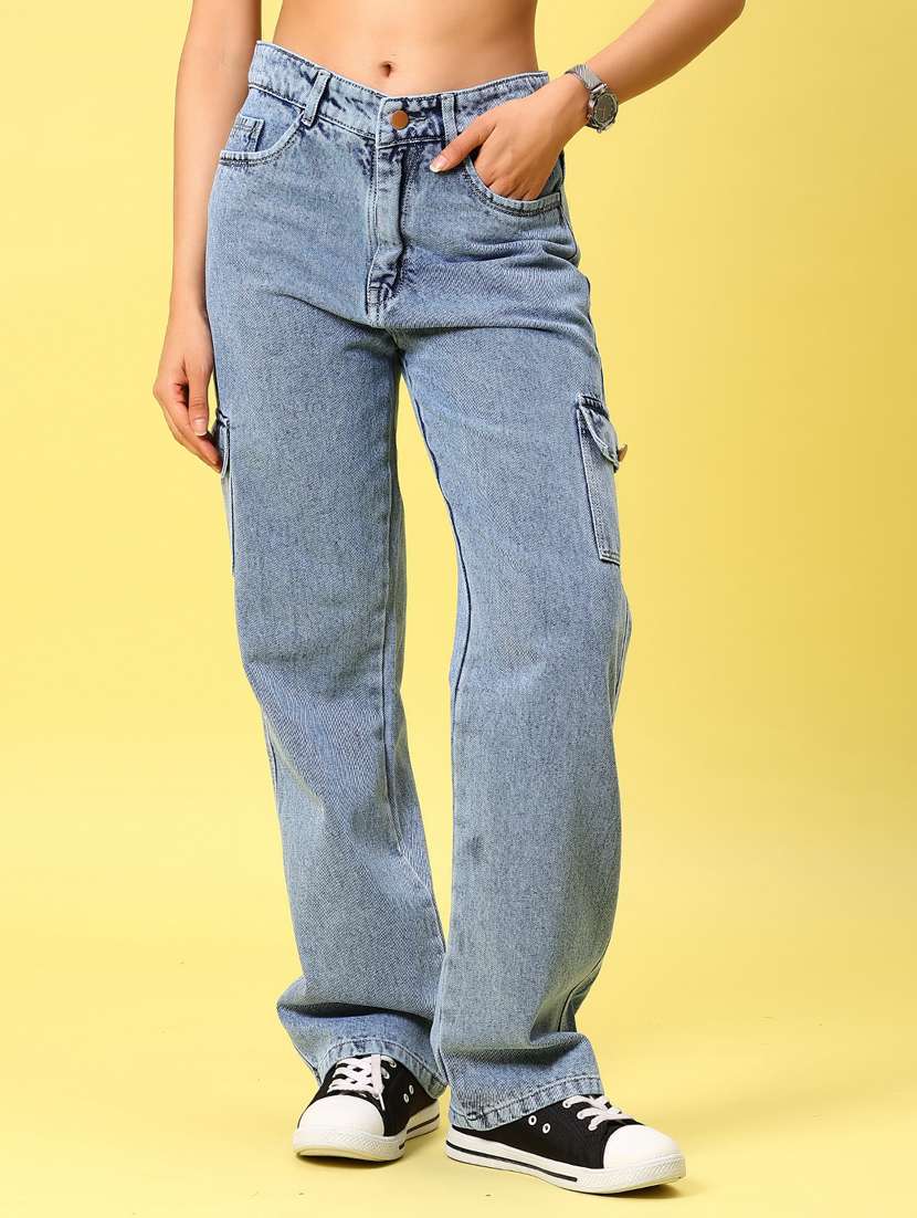 women light blue solid mid rise full length cargo