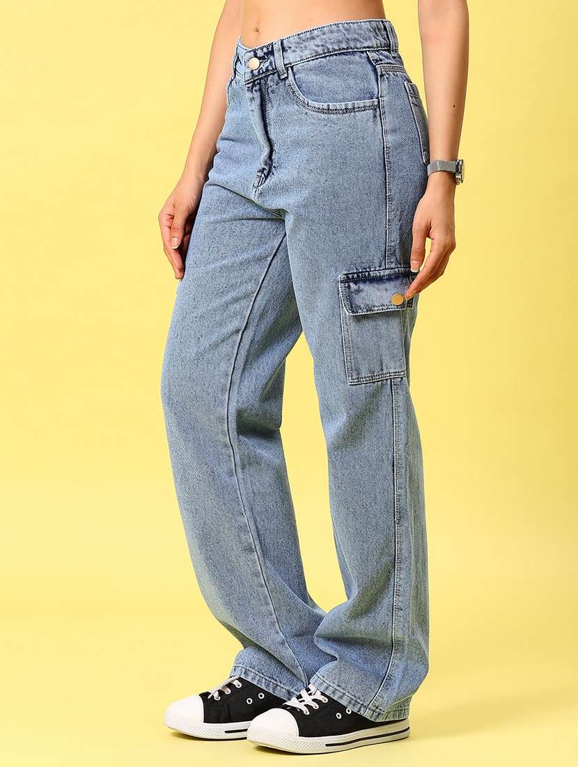 women light blue solid mid rise full length cargo - 21873941 - Standard Image - 3