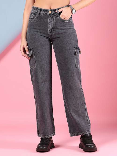 women grey solid high rise regular fit cargo - 21873983 - Standard Image - 0