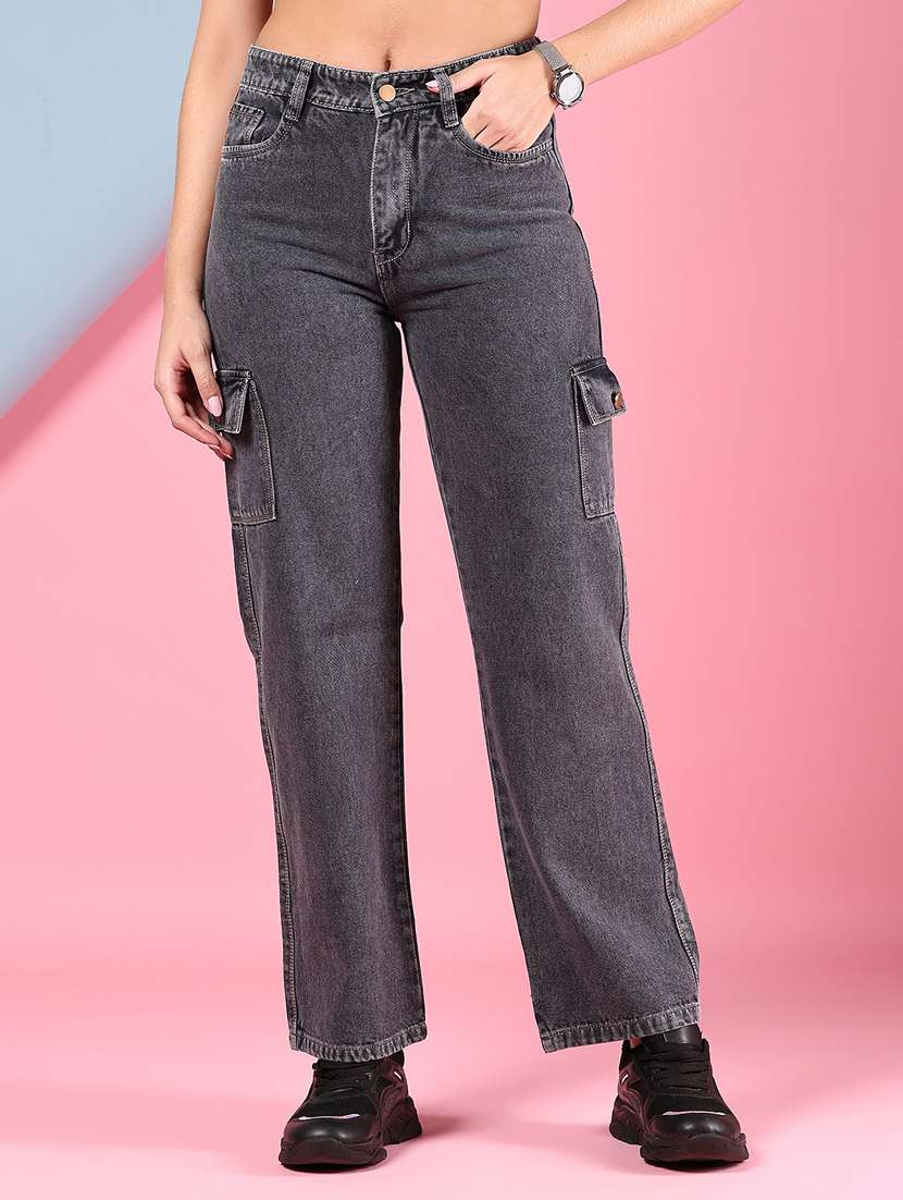 women grey solid high rise regular fit cargo