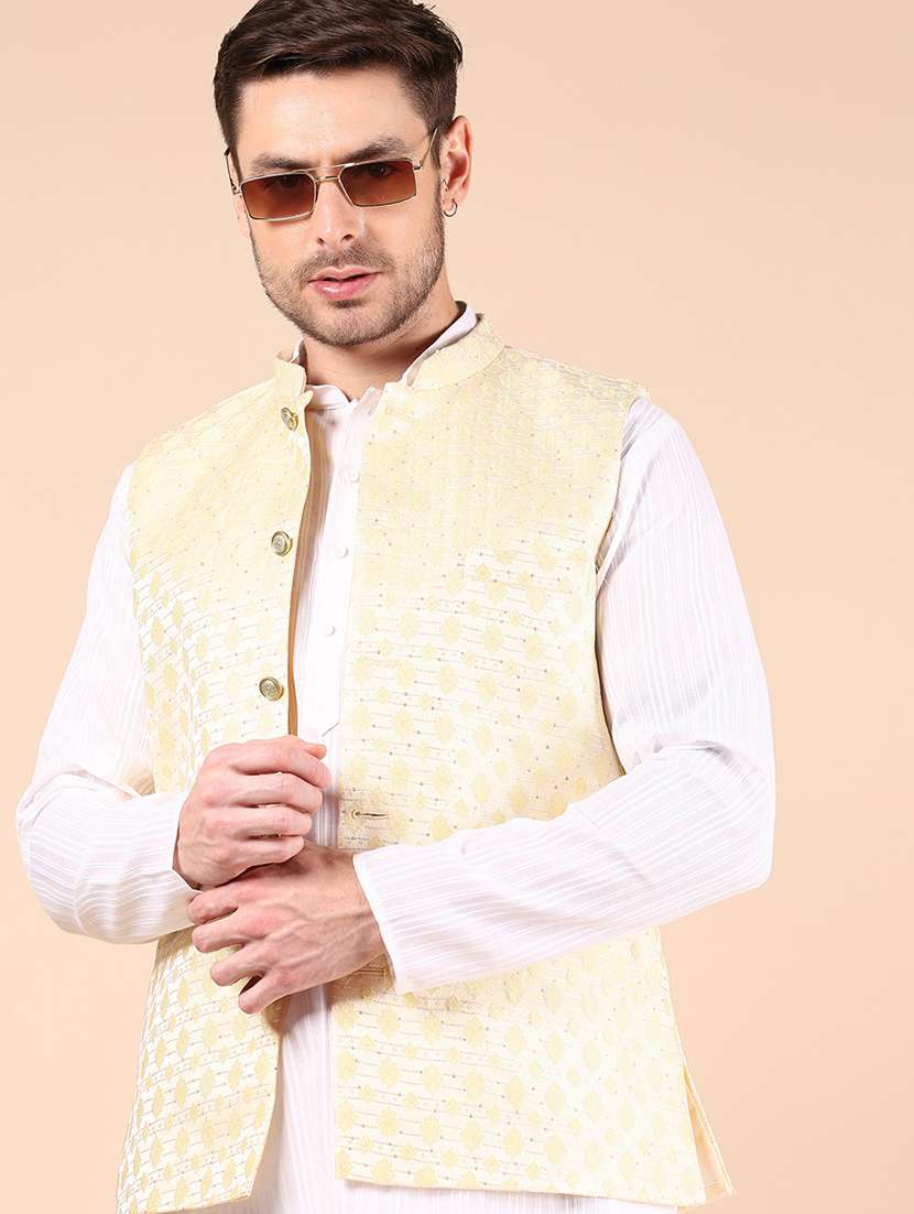 men yellow self designed mandarin neck nehru jacket