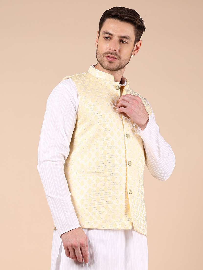 men yellow self designed mandarin neck nehru jacket - 21874034 -  Standard Image - 3