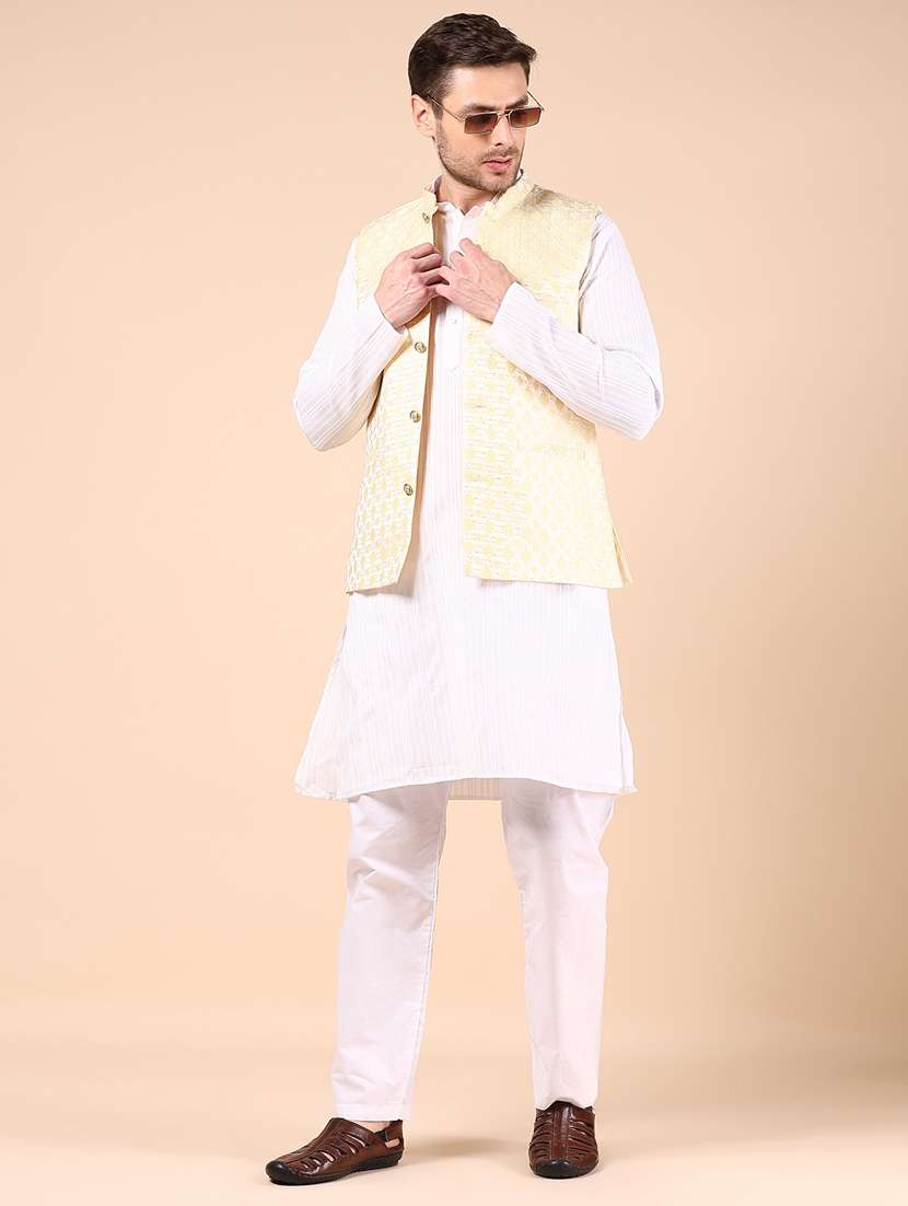 men yellow self designed mandarin neck nehru jacket - 21874034 -  Standard Image - 5