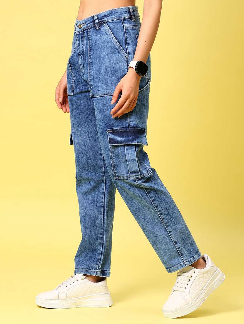 women blue solid mid rise regular fit cargo - 21874124 -  Standard Image - 3