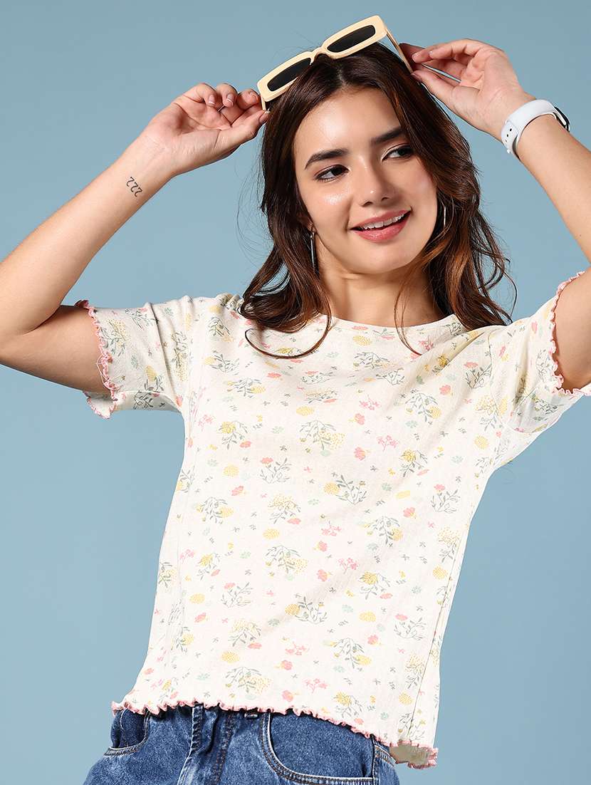 women floral print short sleeve regular fit top 