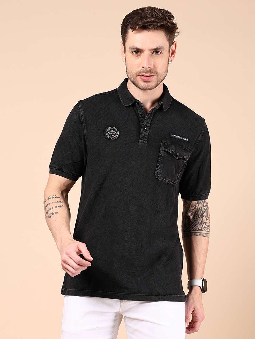Men Black Solid Short Sleeve Regular Fit Polo T Shirt