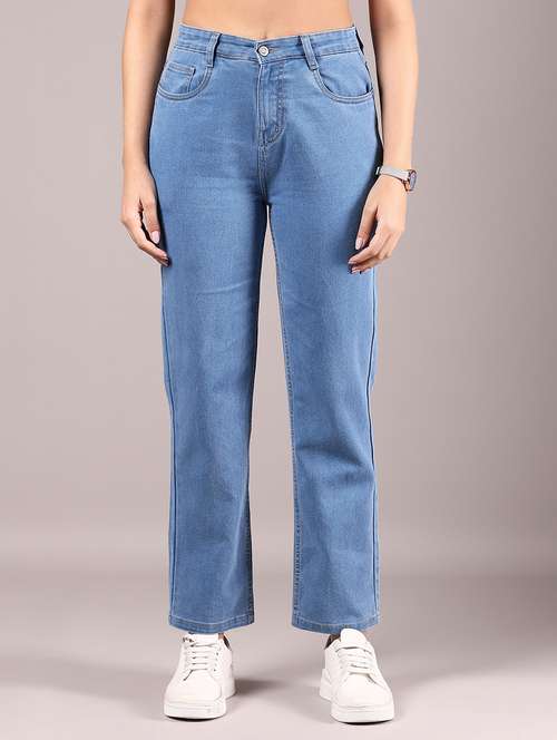 women blue solid high rise straight fit jeans - 21874333 - Standard Image - 0