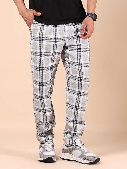 men grey checkered mid rise full length track pant - 21874357 - Standard Image - 0