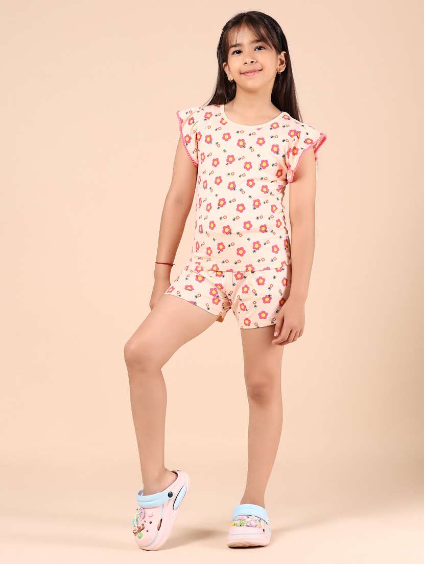 girls peach floral printed shorts & top co-ords set - 21874384 -  Standard Image - 3