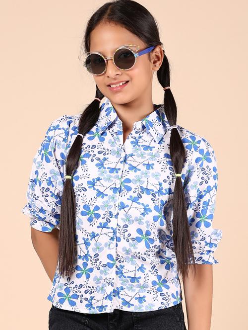 girls blue floral printed short sleeve shirt - 21874421 - Standard Image - 0