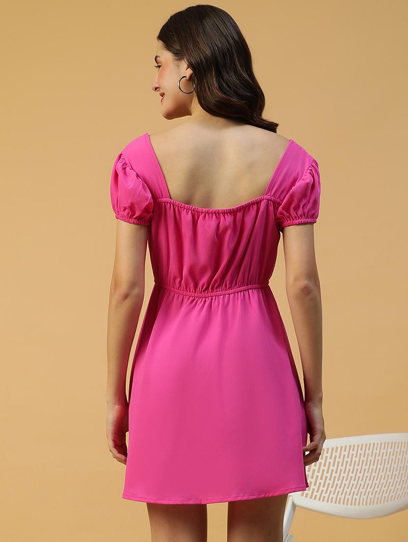 women solid puff sleeves a-line dress - 21874598 - Standard Image - 3