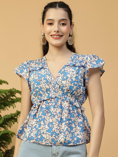 women floral print flute sleeves peplum top - 21874601 - Standard Image - 0