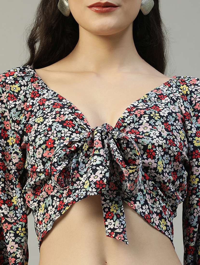 women floral print puff sleeves crop top - 21874605 -  Standard Image - 3