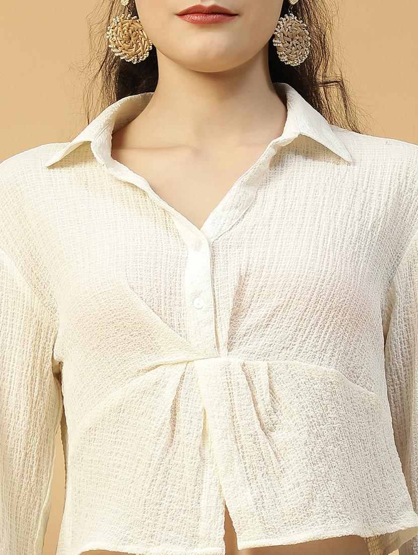 women solid collared crop shirt - 21874611 - Standard Image - 3