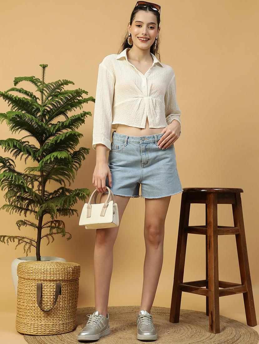 women solid collared crop shirt - 21874611 - Standard Image - 5