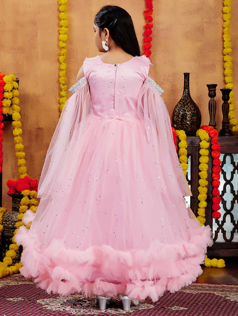 girls solid with work round neck embellished party gown - 21874756 -  Standard Image - 3