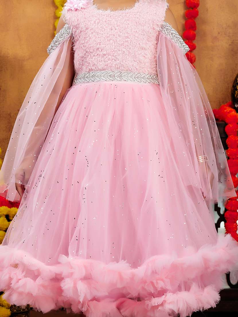 girls solid with work round neck embellished party gown - 21874756 -  Standard Image - 5