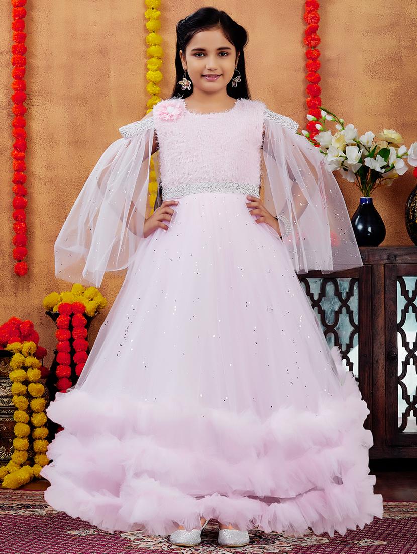girls solid with work round neck embellished party gown - 21874757 -  Zoom Image - 0