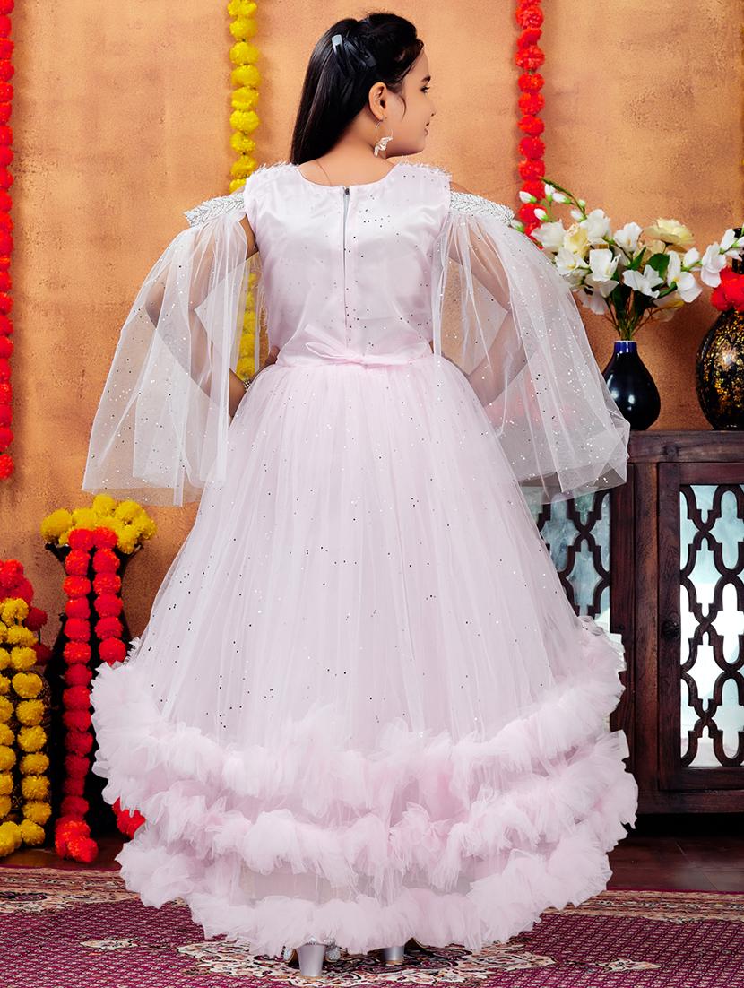girls solid with work round neck embellished party gown - 21874757 - Standard Image - 3