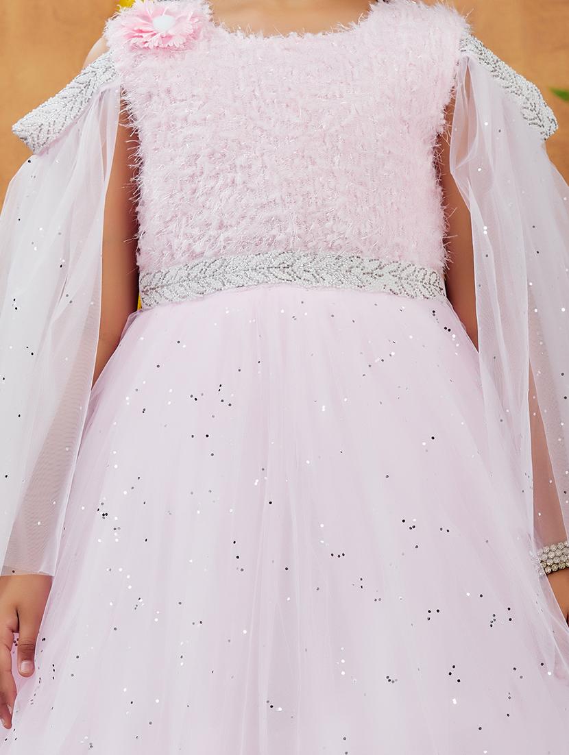 girls solid with work round neck embellished party gown - 21874757 - Standard Image - 5