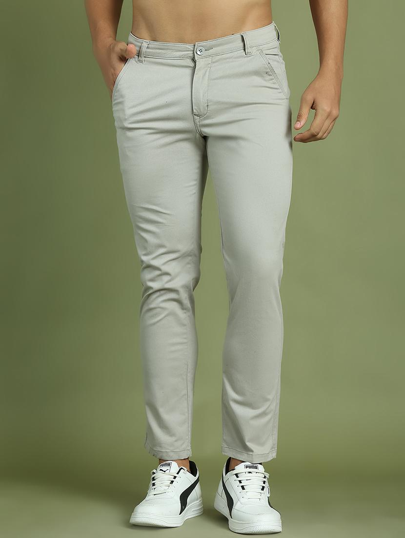 men grey mid rise flat front casual trouser