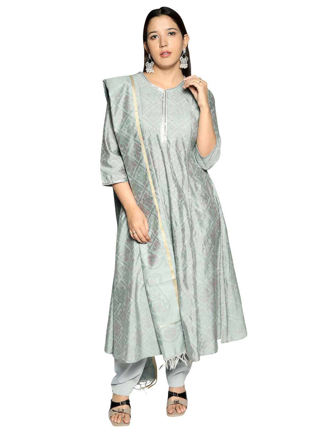women three quarter sleeve kurta pant with dupatta set