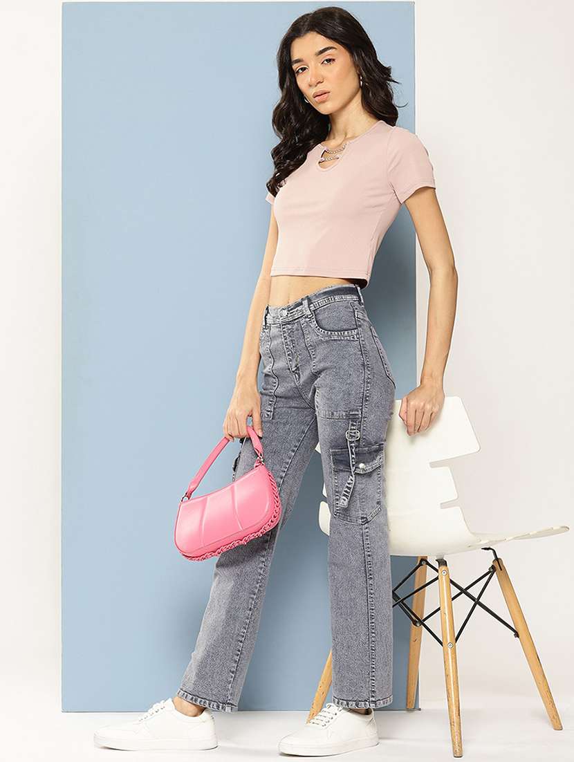 women solid high rise denim cargo - 21881003 -  Standard Image - 3