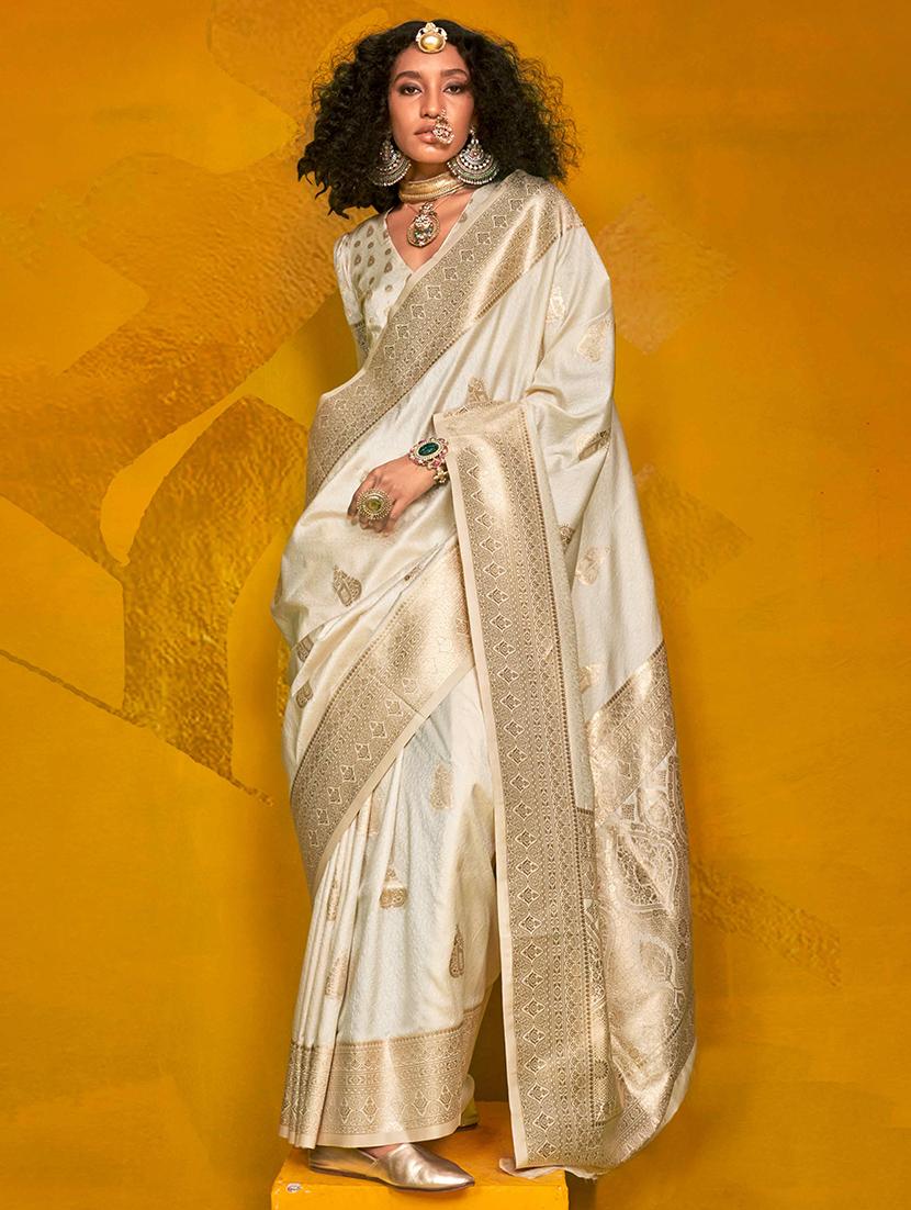 women white banarasi saree with blouse - 21881122 -  Zoom Image - 0