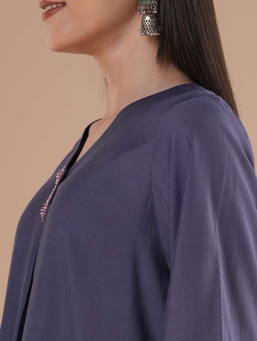 women blue three quarter sleeve kurta pant set - 21881143 -  Standard Image - 3