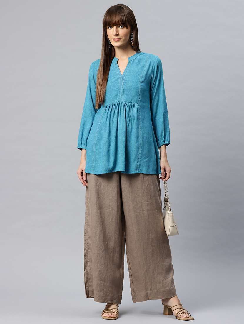 women solid mandarin neck flared kurti - 21881212 -  Standard Image - 3