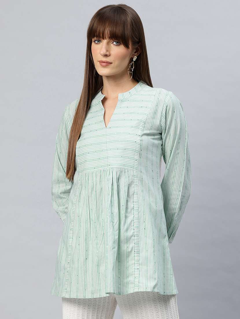 women striped mandarin neck flared kurti - 21881214 - Zoom Image - 0
