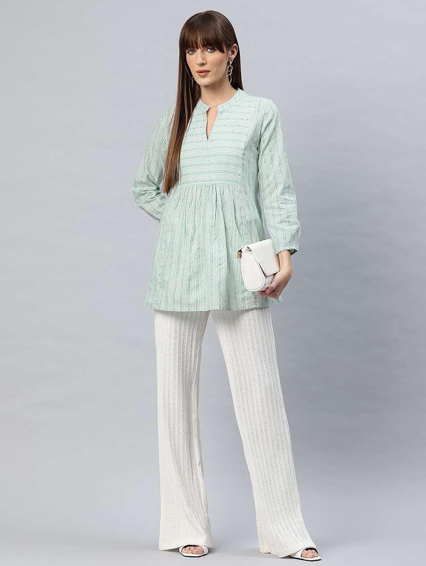 women striped mandarin neck flared kurti - 21881214 - Standard Image - 3